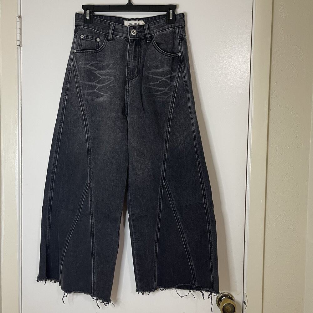 REALTAKAI washed black frayed Baggy high waist jeans wide leg crop size Small